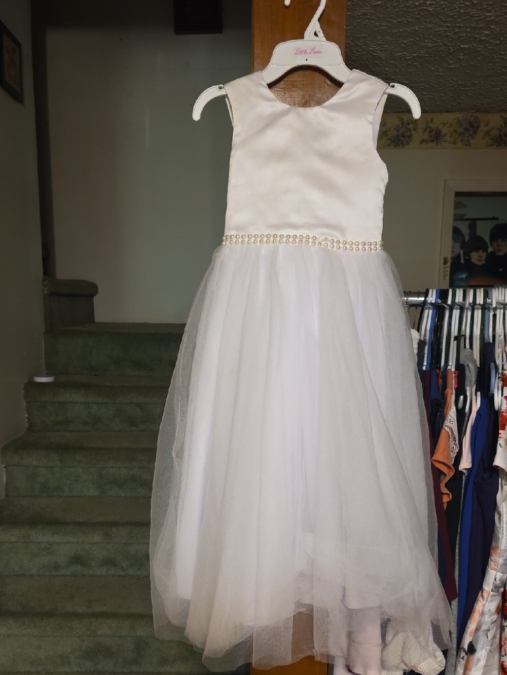 Girls Ivory Pearl-Trim Tulle Dress